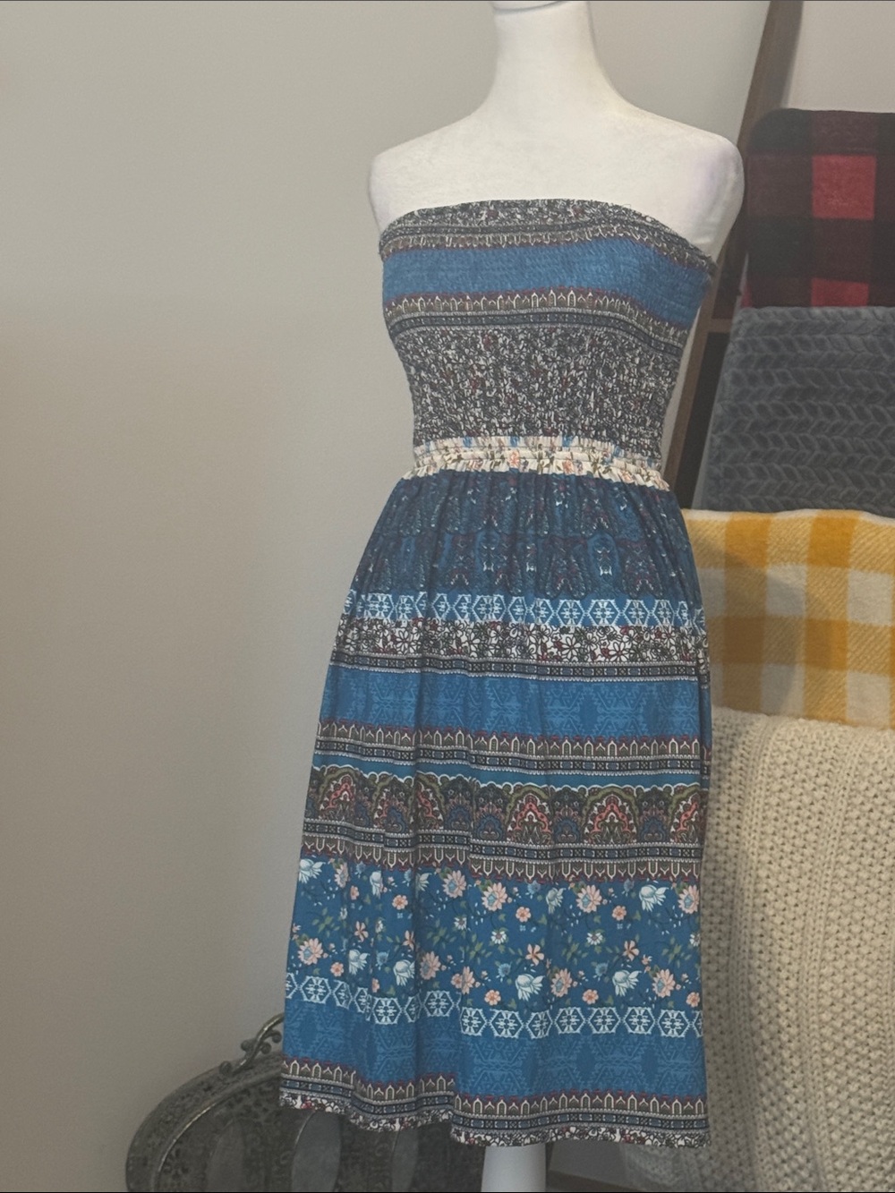 Blue Strapless Smocked Waist Floral Print Midi Dress